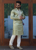 Prazu Fashion Mehendi Shiny Silk Fabulous Coding Work Kurta With Pajama