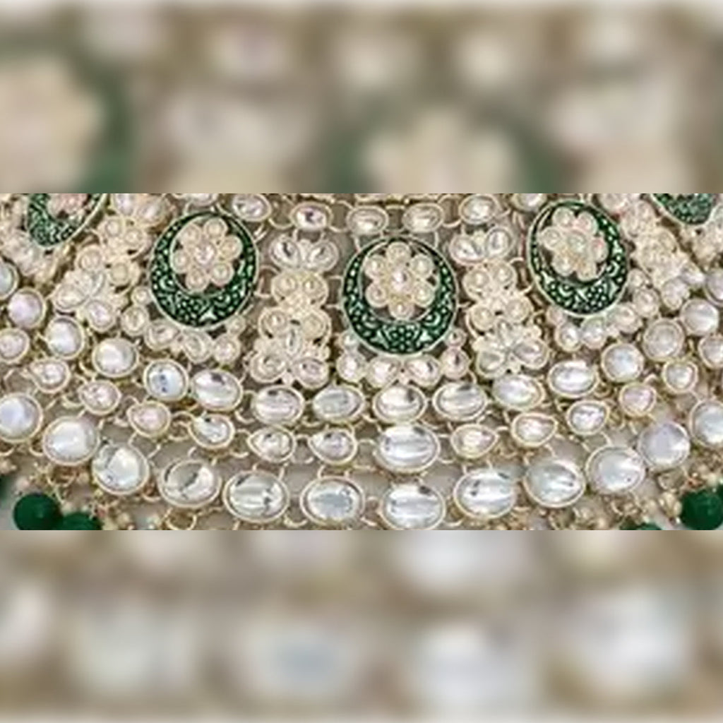 Jewel City Royal Kundan Choker Set with Green Beads - Traditional Indian Wedding Jewelry Set with Earrings and Tikka