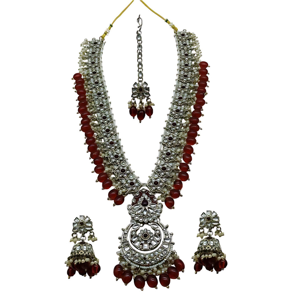 Jewel City Long Necklace Set with Maroon Beads - Traditional Indian Wedding Jewelry with Earrings & Tikka