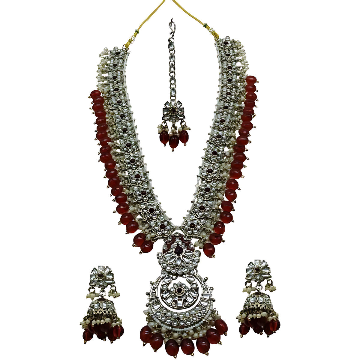 Jewel City Long Necklace Set with Maroon Beads - Traditional Indian Wedding Jewelry with Earrings & Tikka