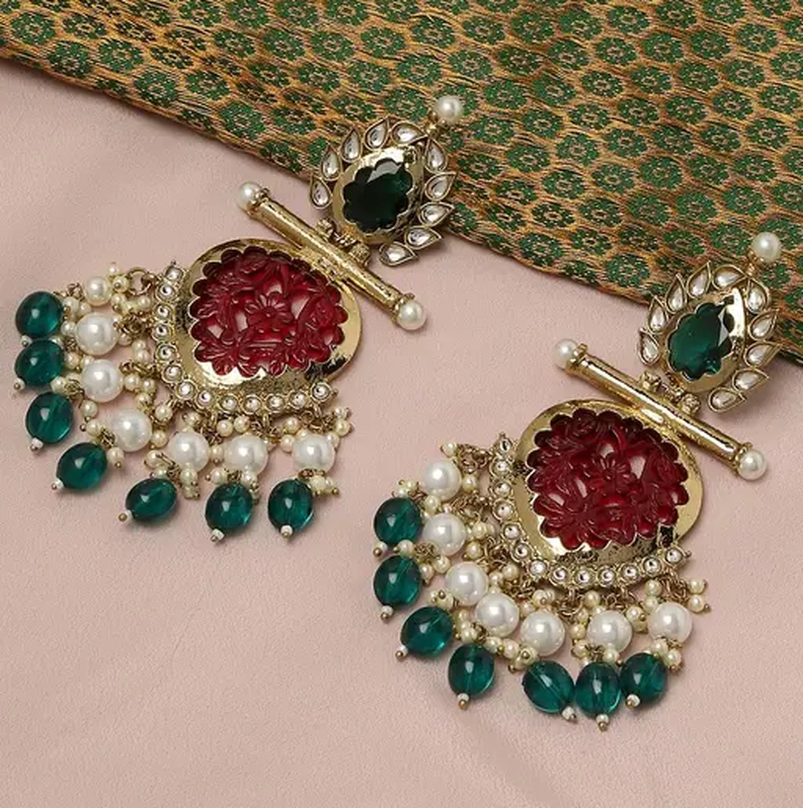 Jewel City Elegant Kundan-Inspired Chandelier Earrings with Red and Green Gemstones