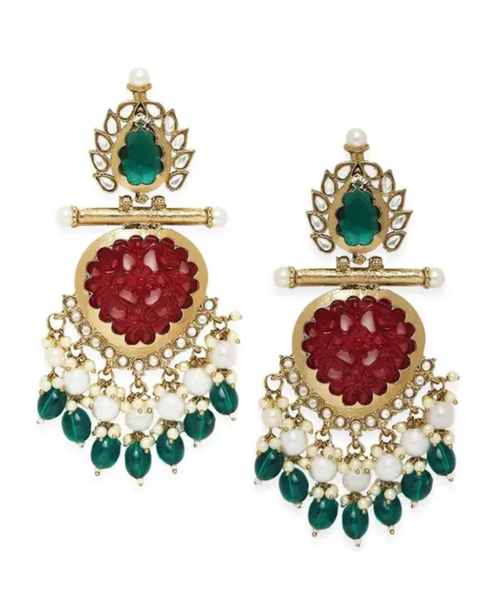 Jewel City Elegant Kundan-Inspired Chandelier Earrings with Red and Green Gemstones