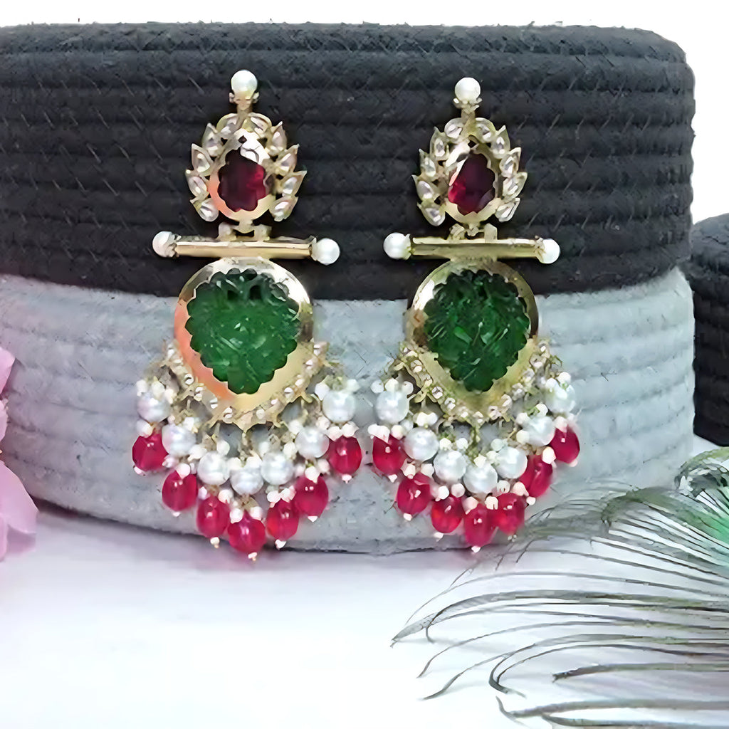 Jewel City Elegant Kundan-Inspired Chandelier Earrings with Red and Green Gemstones