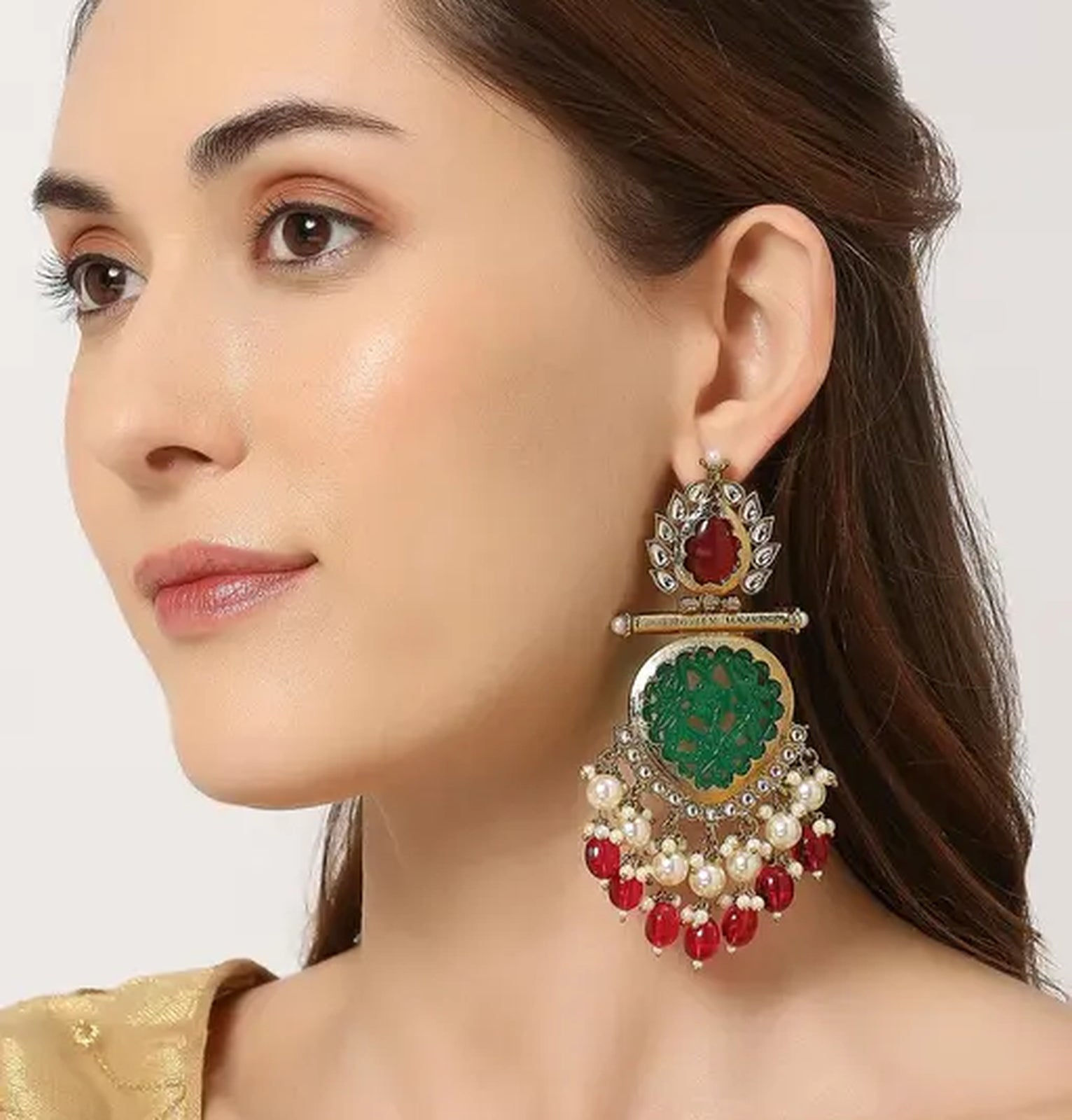 Jewel City Elegant Kundan-Inspired Chandelier Earrings with Red and Green Gemstones