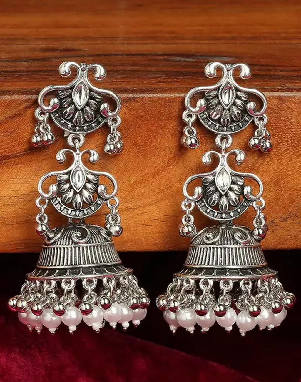 Jewel City Vintage Oxidized Silver Jhumka Earrings with Pearl and Red Bead Accents