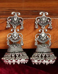 Jewel City Vintage Oxidized Silver Jhumka Earrings with Pearl and Red Bead Accents