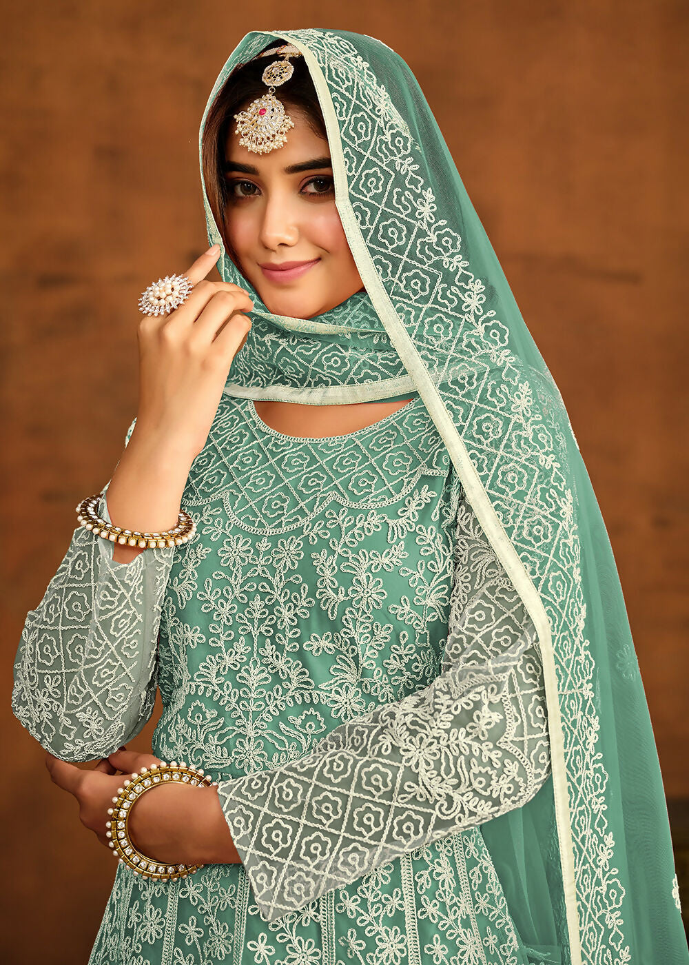 Green All Over Embroidered Net Wedding Anarkali Suit - Emponline