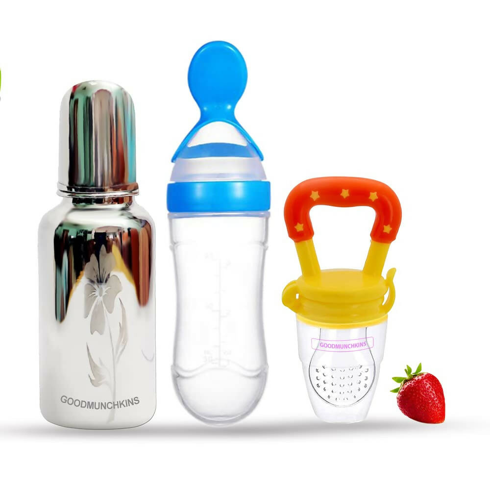 Goodmunchkins Stainless Steel Feeding Bottle, Food Feeder & Fruit Feeder Combo for Baby-(Blue-Yellow, 220ml)