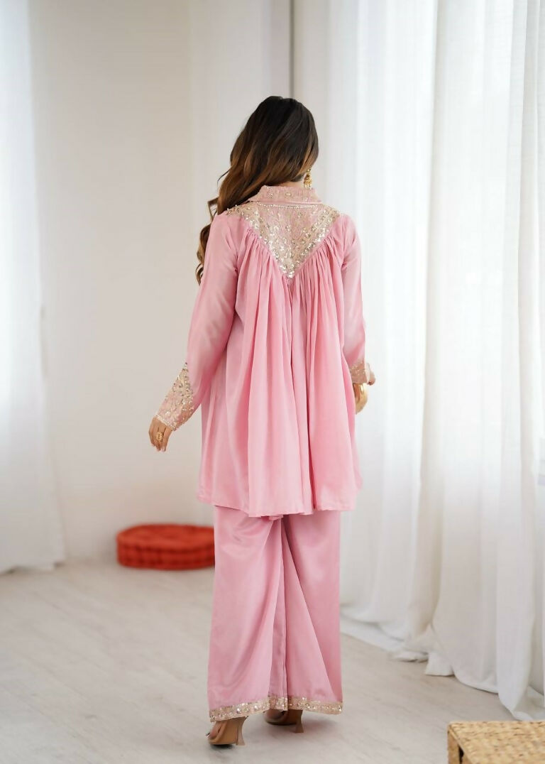 Teeya Creation Baby Pink Heavy Chinnon Silk Embroidery Work Plazo pair