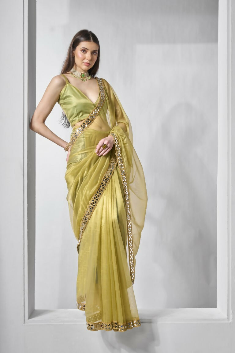Green Gold Tissue Net Solid & Gold Cotted Saree - Samaa