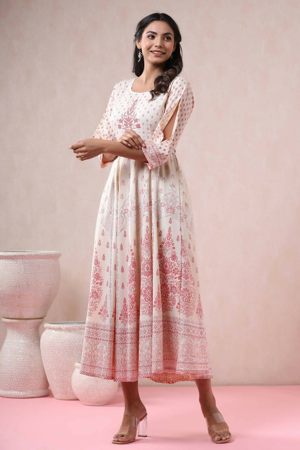 Juniper Women Ivory American Crepe Printed Flared Dress