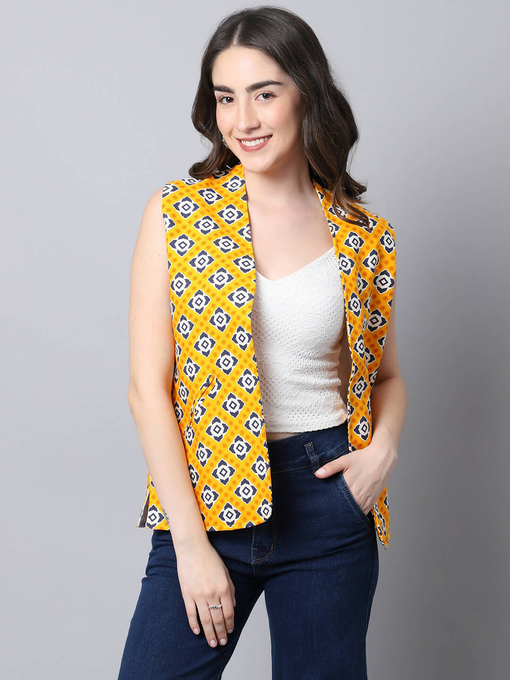 Even Apparels Yellow Viscose Rayon Open Front Women's Waistcoat