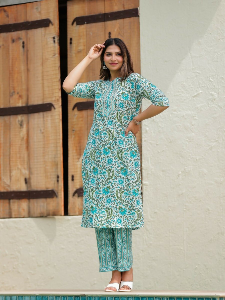 Aramya Straight Soft Cotton Floral Print Women's Kurta - Turquoise