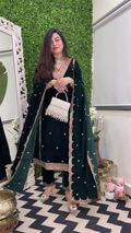 Lehenga Mart Designer Heavy Pure Viscose Velvet Top Pant & Dupatta Set-Green