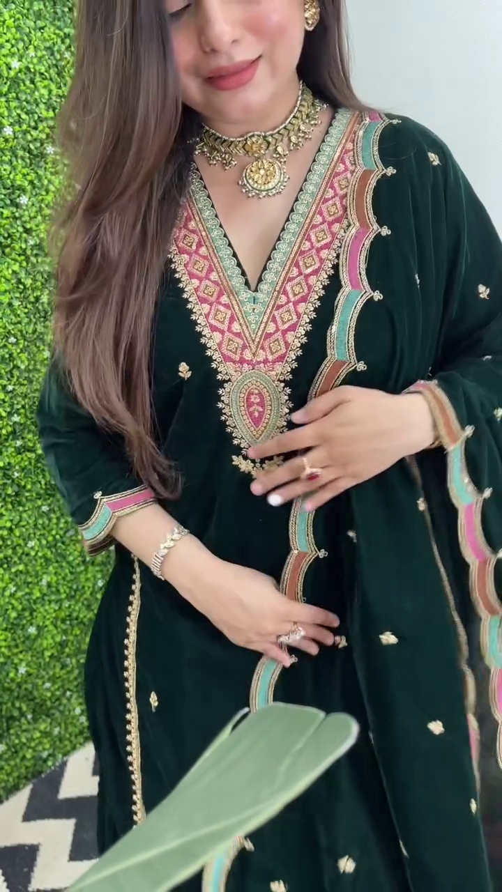 Lehenga Mart Designer Heavy Pure Viscose Velvet Top Pant & Dupatta Set-Green