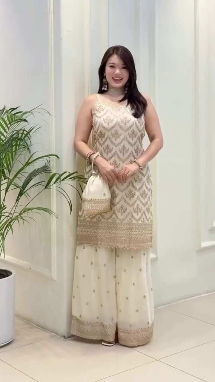 Lehenga Mart Designer Sequence Embroidery Top And Palazzo With Dupatta Set-White