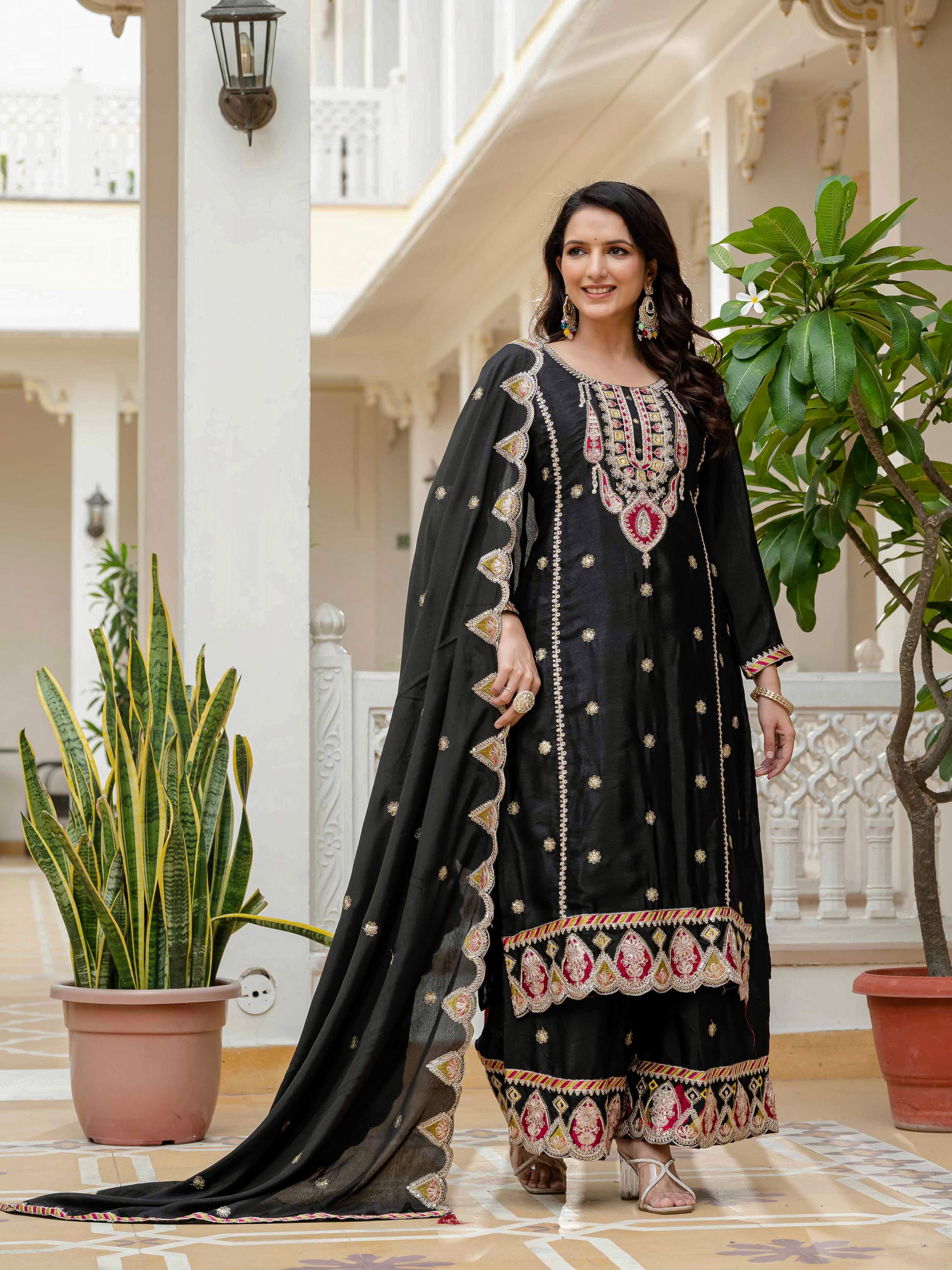 Lehenga Mart Designer Sequence Embroidery On Silk Fabric Top And Palazzo With Dupatta-Black