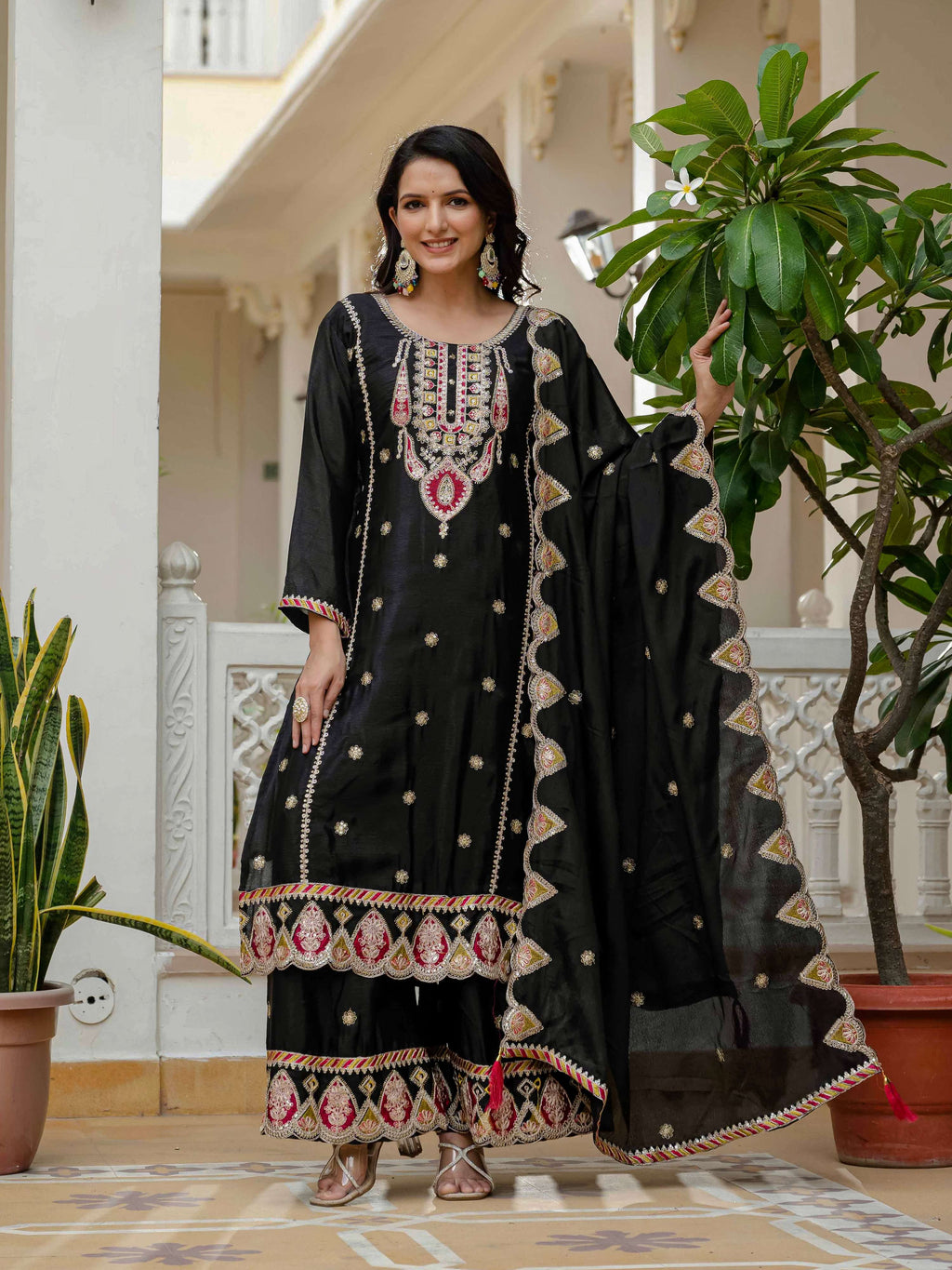 Lehenga Mart Designer Sequence Embroidery On Silk Fabric Top And Palazzo With Dupatta-Black