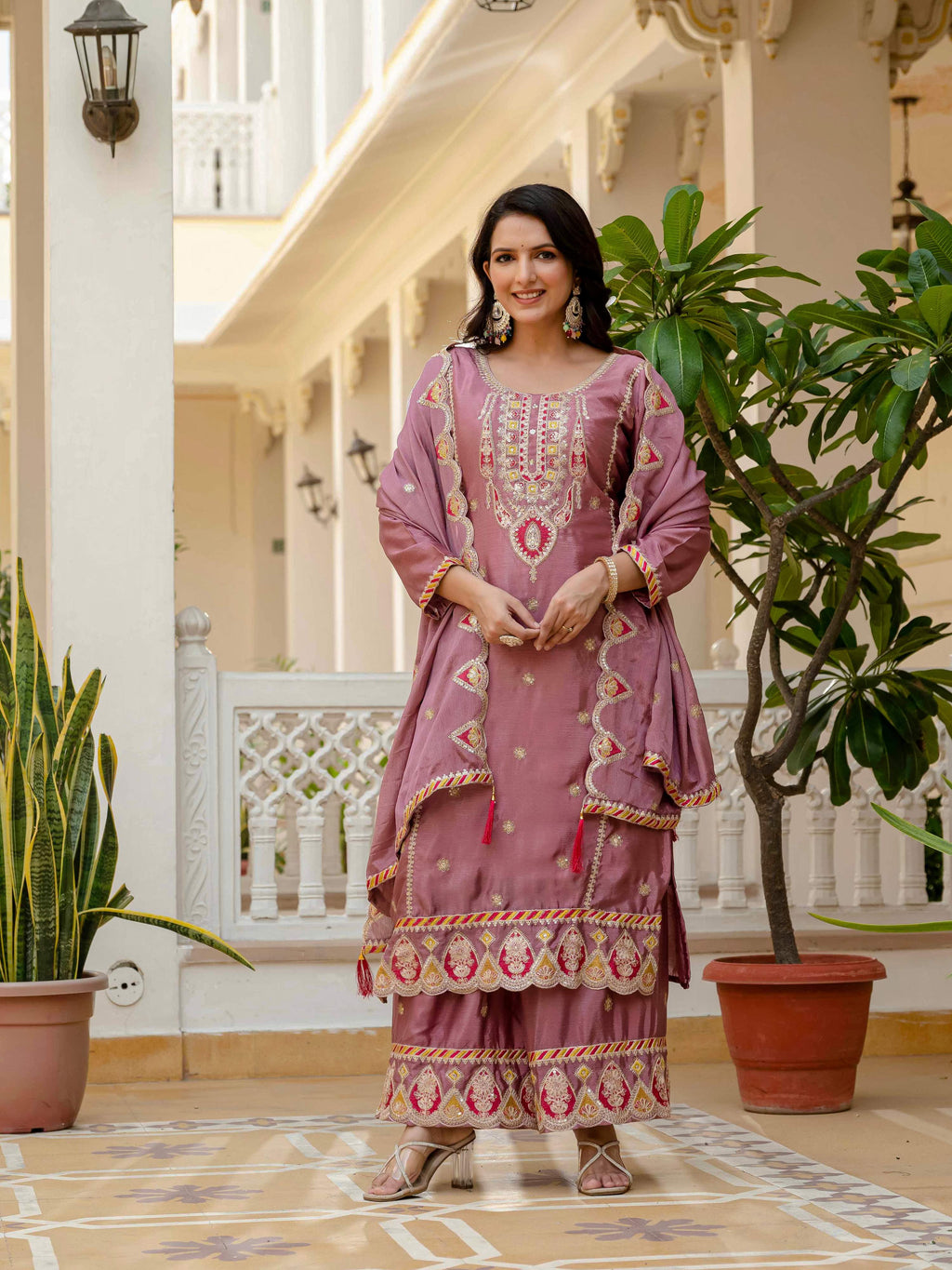Lehenga Mart Designer Sequence Embroidery On Silk Fabric Top And Palazzo With Dupatta-Multicolor