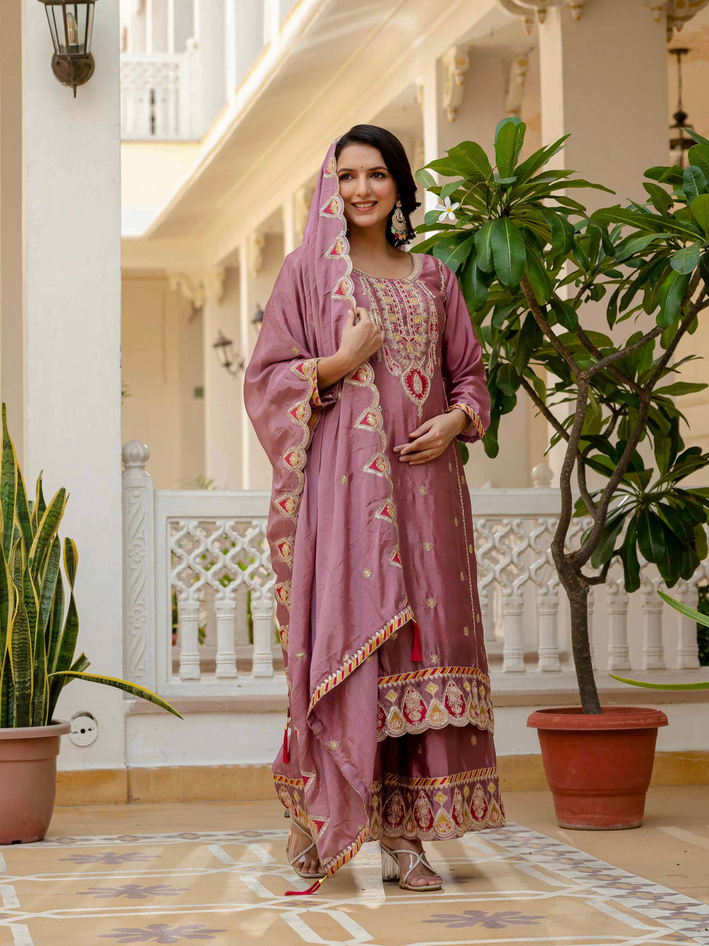 Lehenga Mart Designer Sequence Embroidery On Silk Fabric Top And Palazzo With Dupatta-Multicolor