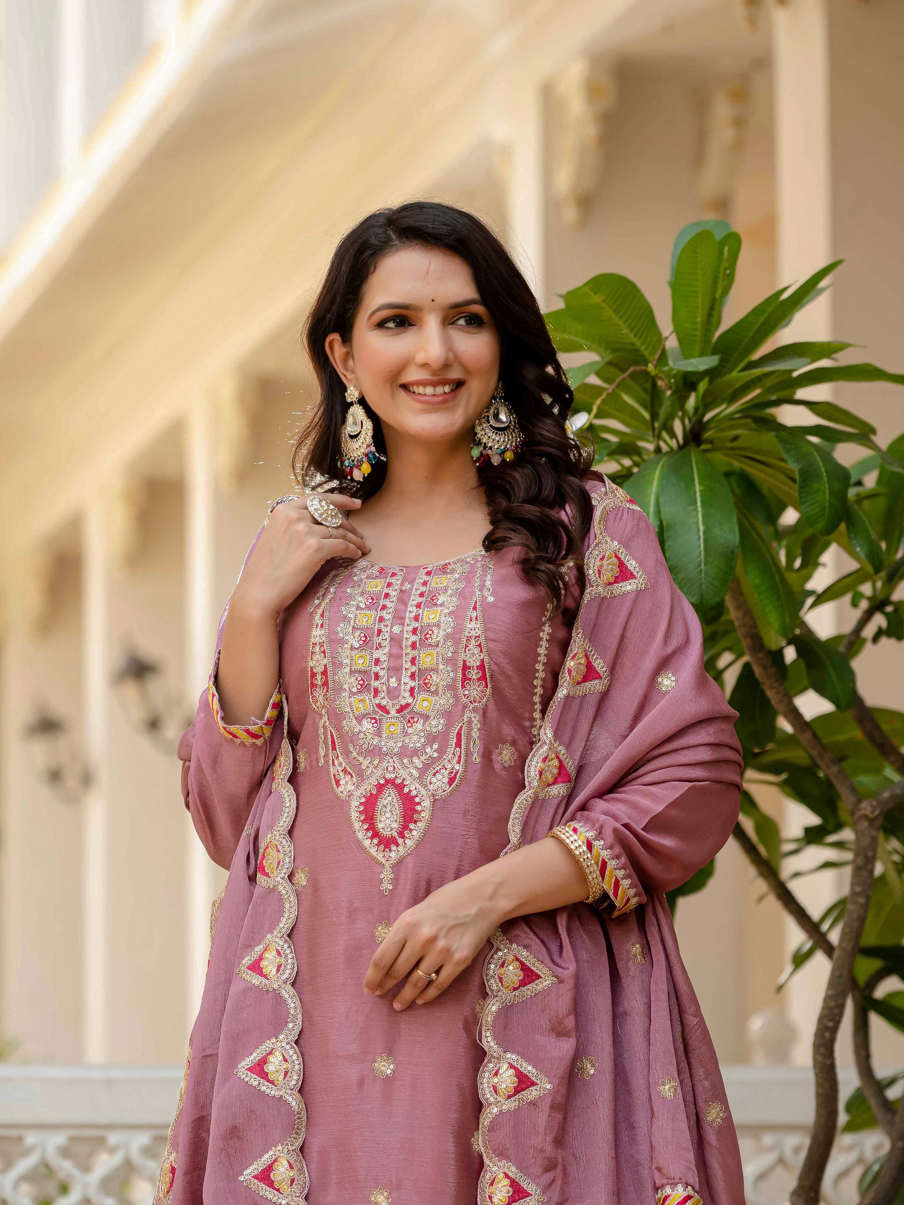 Lehenga Mart Designer Sequence Embroidery On Silk Fabric Top And Palazzo With Dupatta-Multicolor