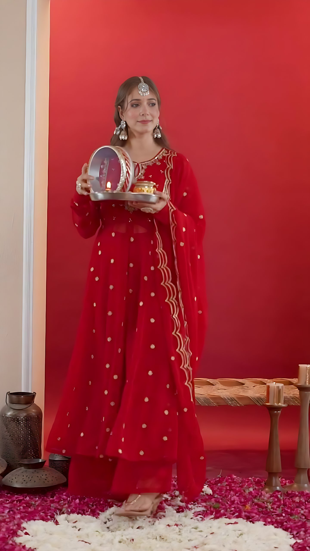 Lehenga Mart Designer Embroidery Sequence Work Gown Palazzo With Dupatta Set-Red