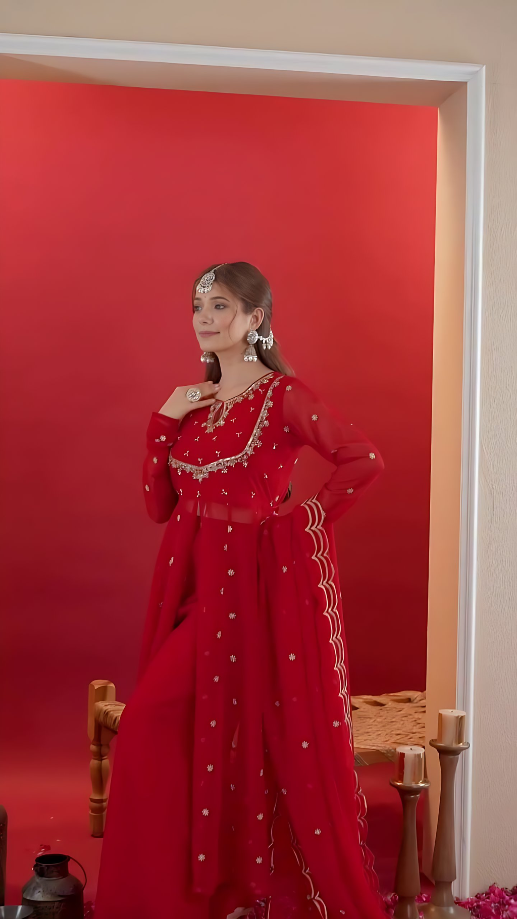 Lehenga Mart Designer Embroidery Sequence Work Gown Palazzo With Dupatta Set-Red