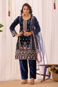 Lehenga Mart Designer Velvet Sequence Embroidery Work Suit Pant With Dupatta Set-Blue