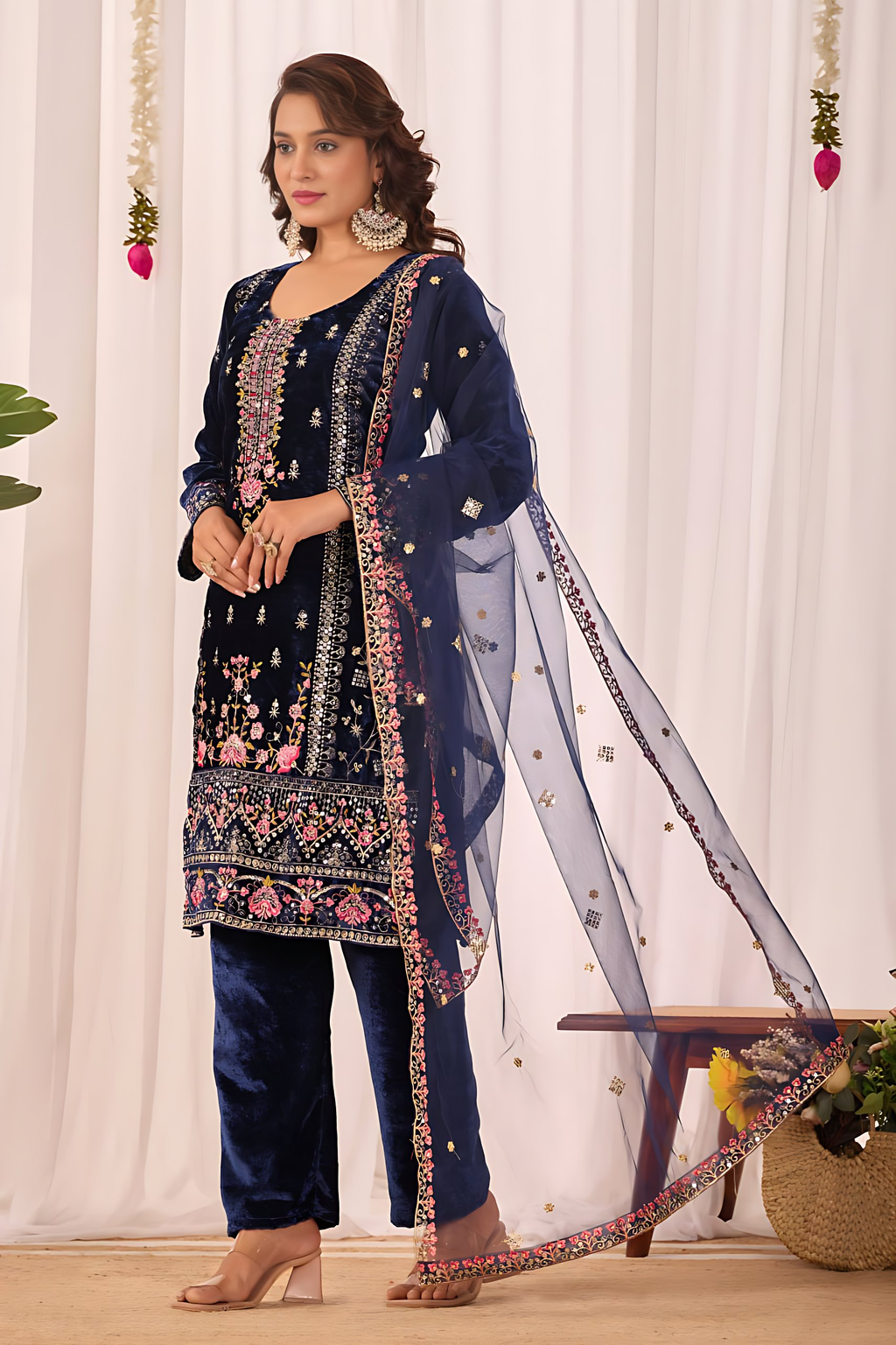 Lehenga Mart Designer Velvet Sequence Embroidery Work Suit Pant With Dupatta Set-Blue