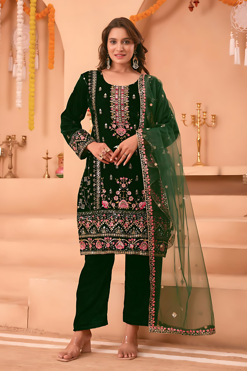 Lehenga Mart Designer Velvet Sequence Embroidery Work Suit Pant With Dupatta Set-Green