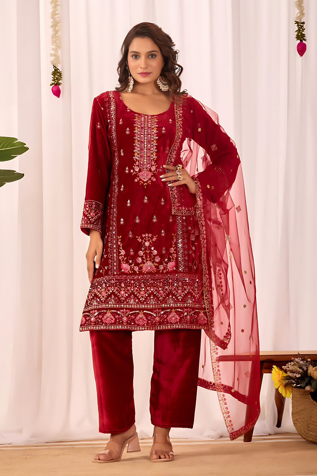 Lehenga Mart Designer Velvet Sequence Embroidery Work Suit Pant With Dupatta Set-Red