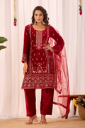 Lehenga Mart Designer Velvet Sequence Embroidery Work Suit Pant With Dupatta Set-Red