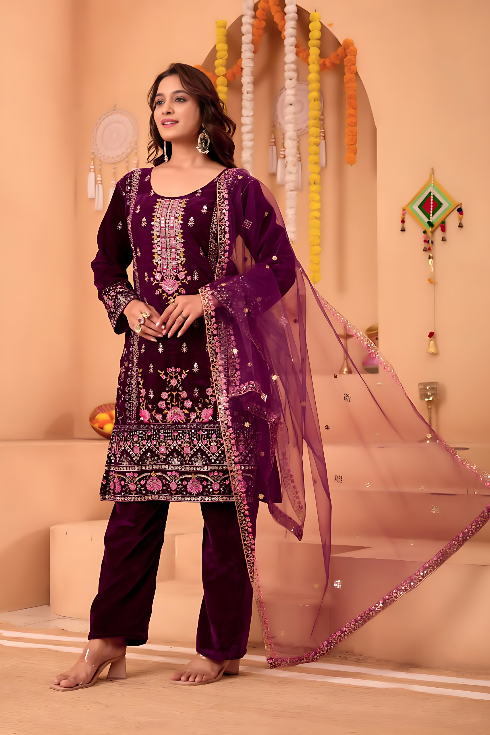 Lehenga Mart Designer Velvet Sequence Embroidery Work Suit Pant With Dupatta Set-Wine