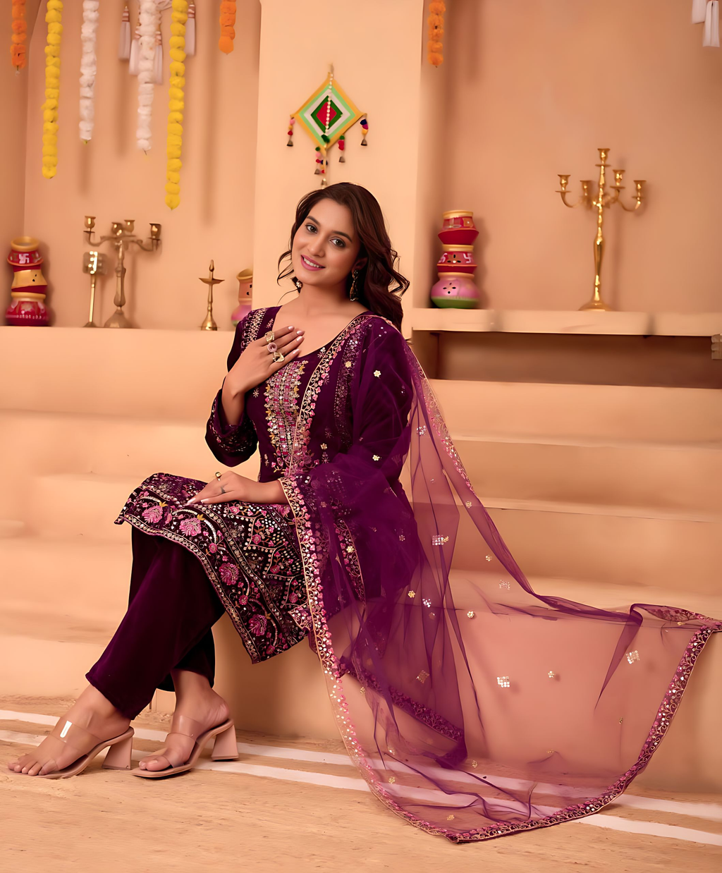 Lehenga Mart Designer Velvet Sequence Embroidery Work Suit Pant With Dupatta Set-Wine