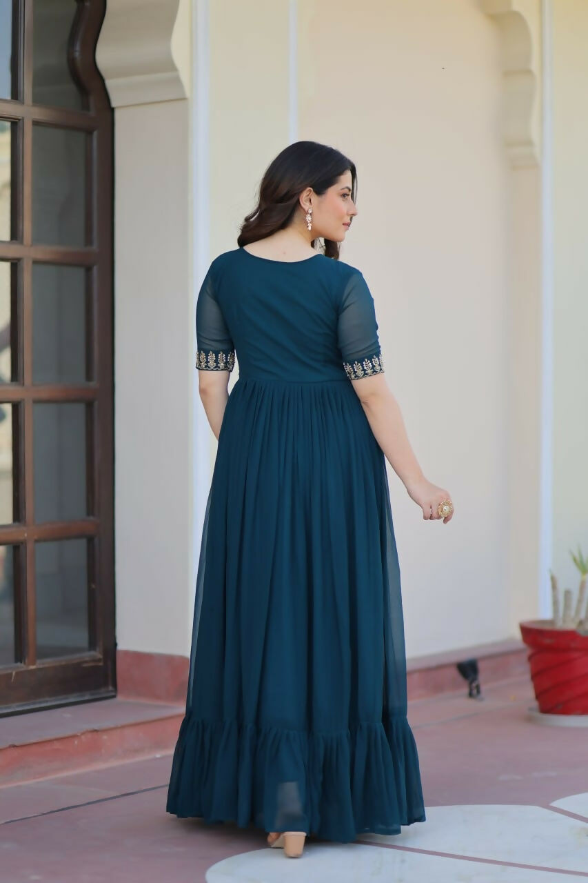 Teeya Creation Rama Color Faux Georgette Party Wear Hand Embroidery Work Long Gown
