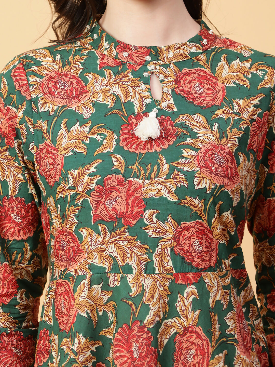 Joban Fashion Green Cotton Printed & Hand Work Dress