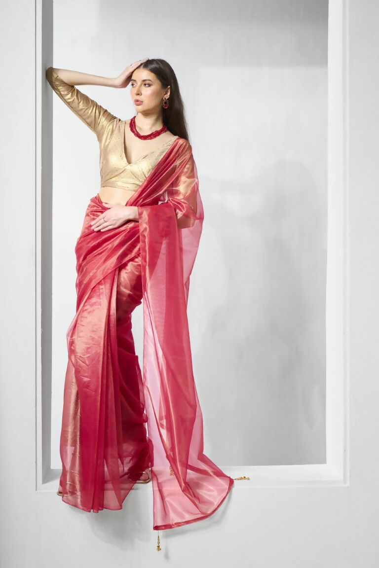 Red Gold Tissue Net Solid & Gold Cotted Saree - Samaa