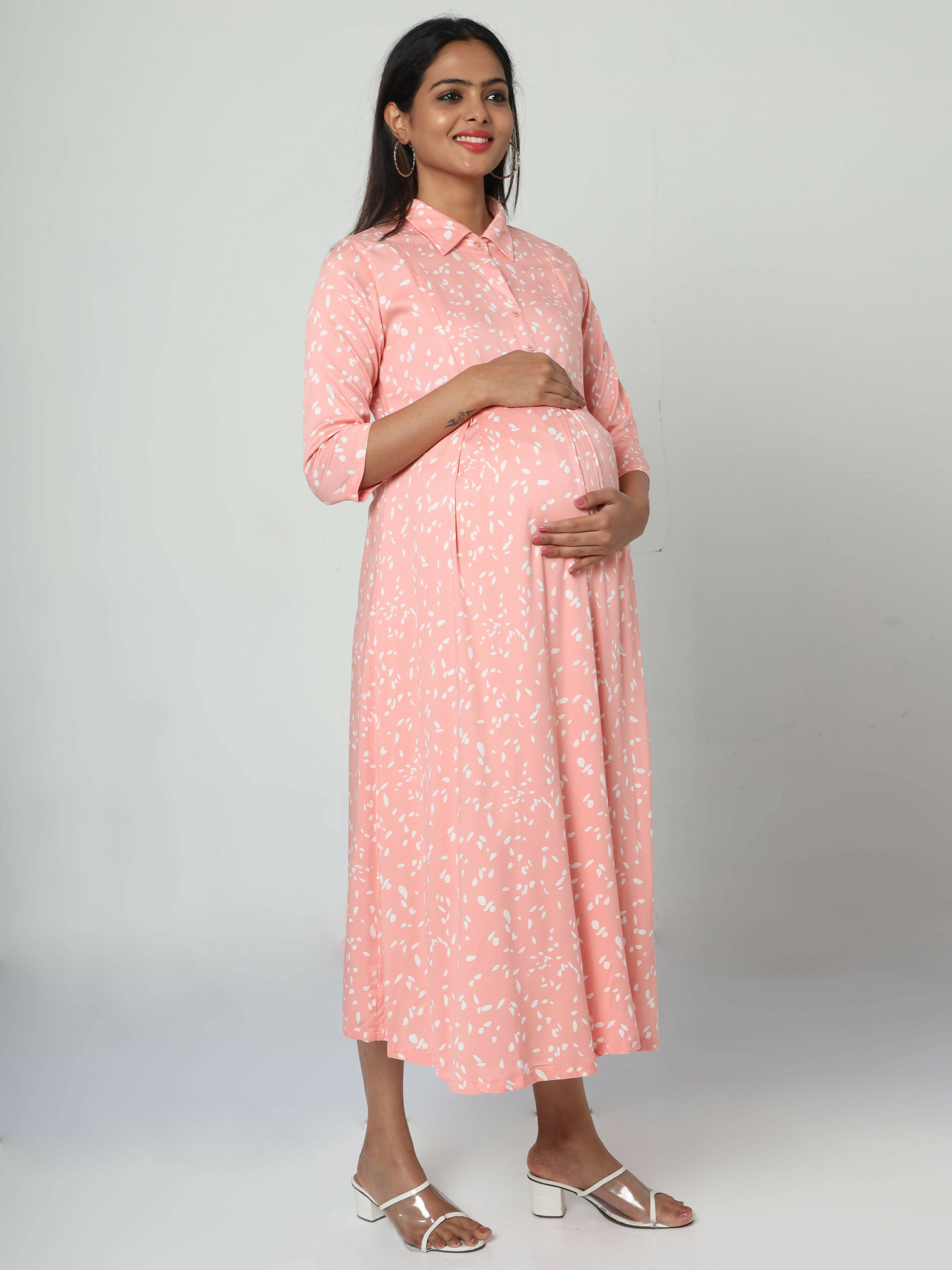 Manet Three Fourth Maternity Dress White Dot Print With Concealed Zipper Nursing Access - Pink