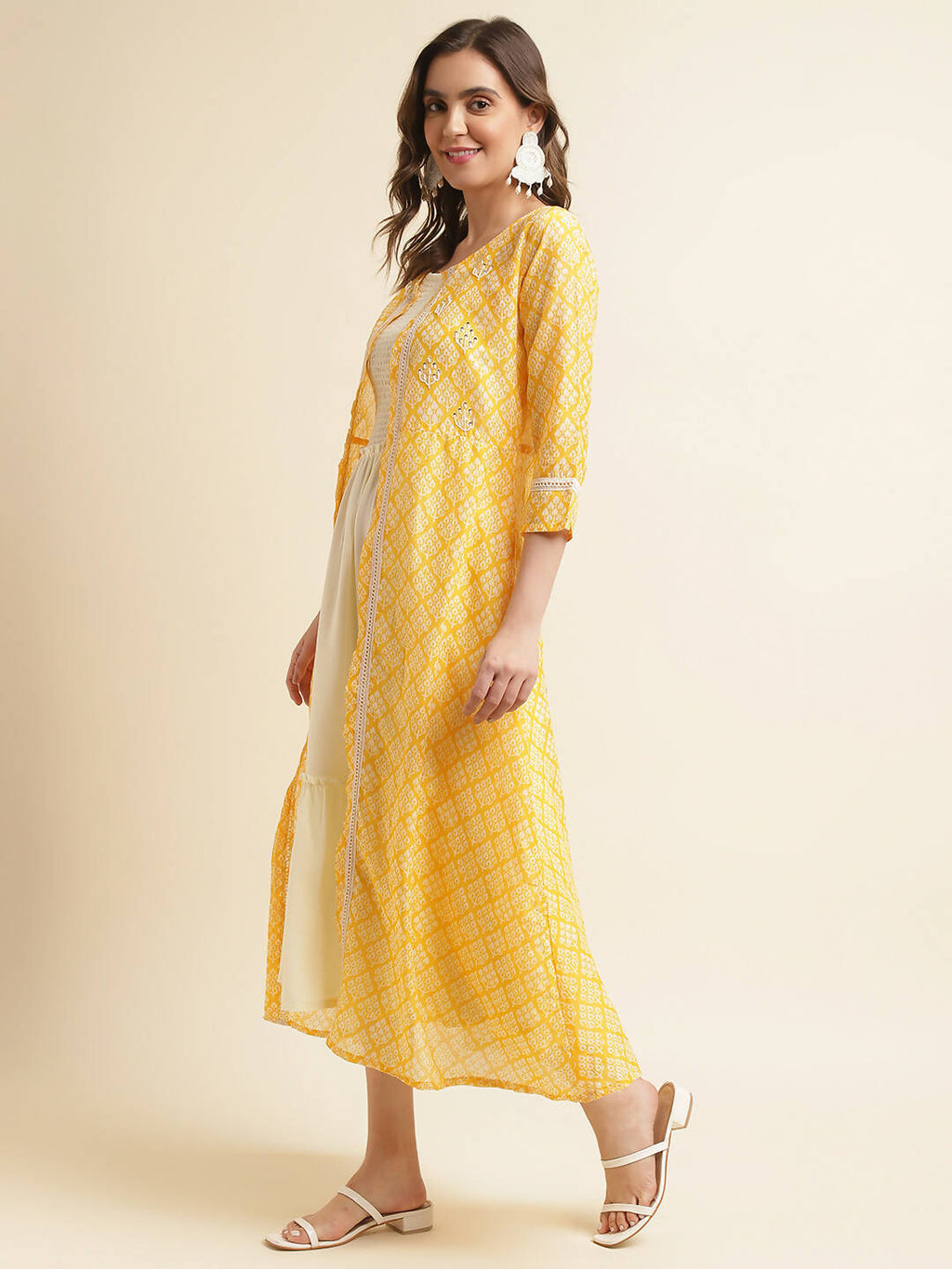 White Cotton Solid Flared Dress with Printed Shrug - Yukti
