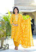 Juniper Women's Mustard Floral Printed Cotton Kurta Set With Thread Work & Sequins