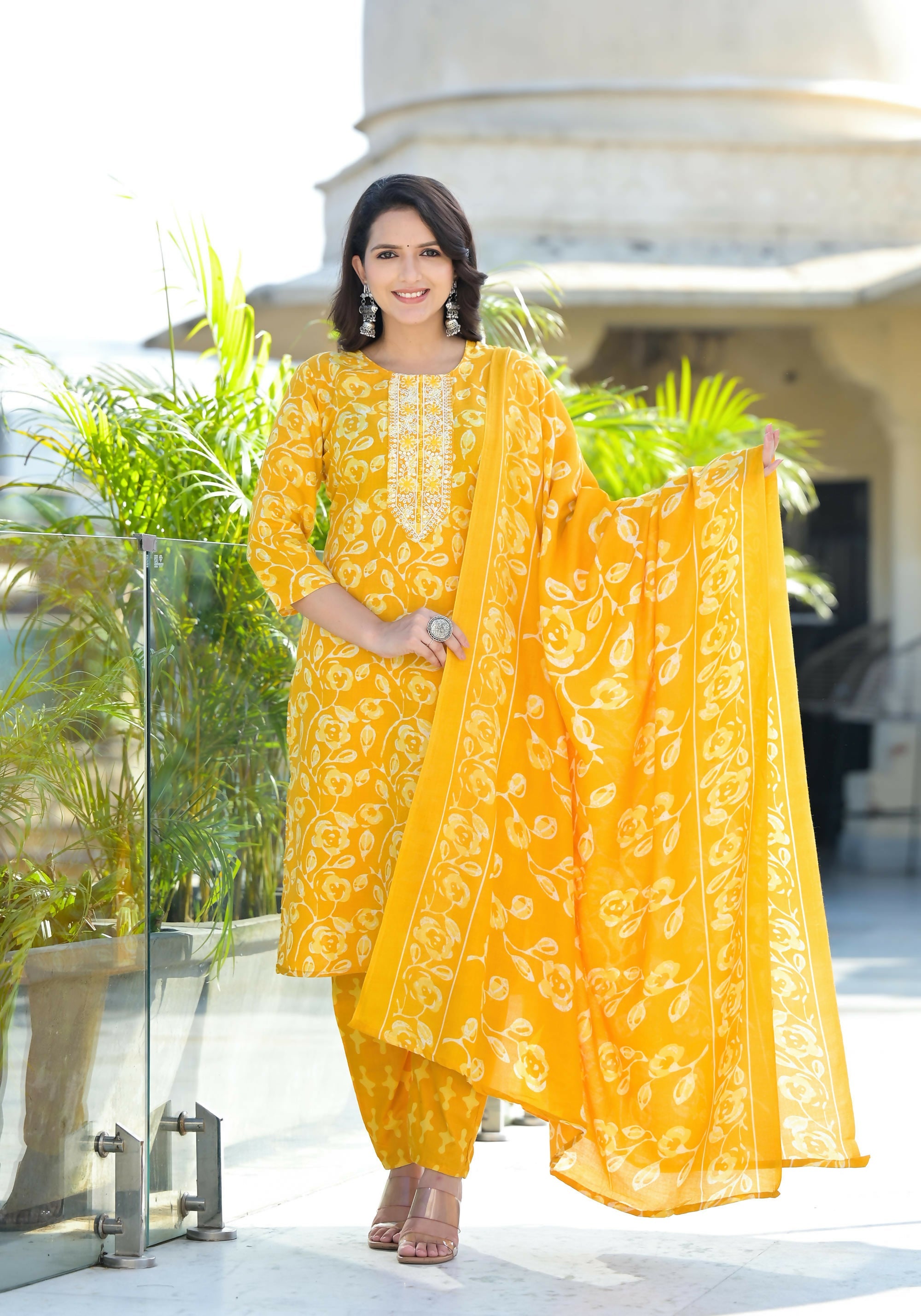 Juniper Women's Mustard Floral Printed Cotton Kurta Set With Thread Work & Sequins