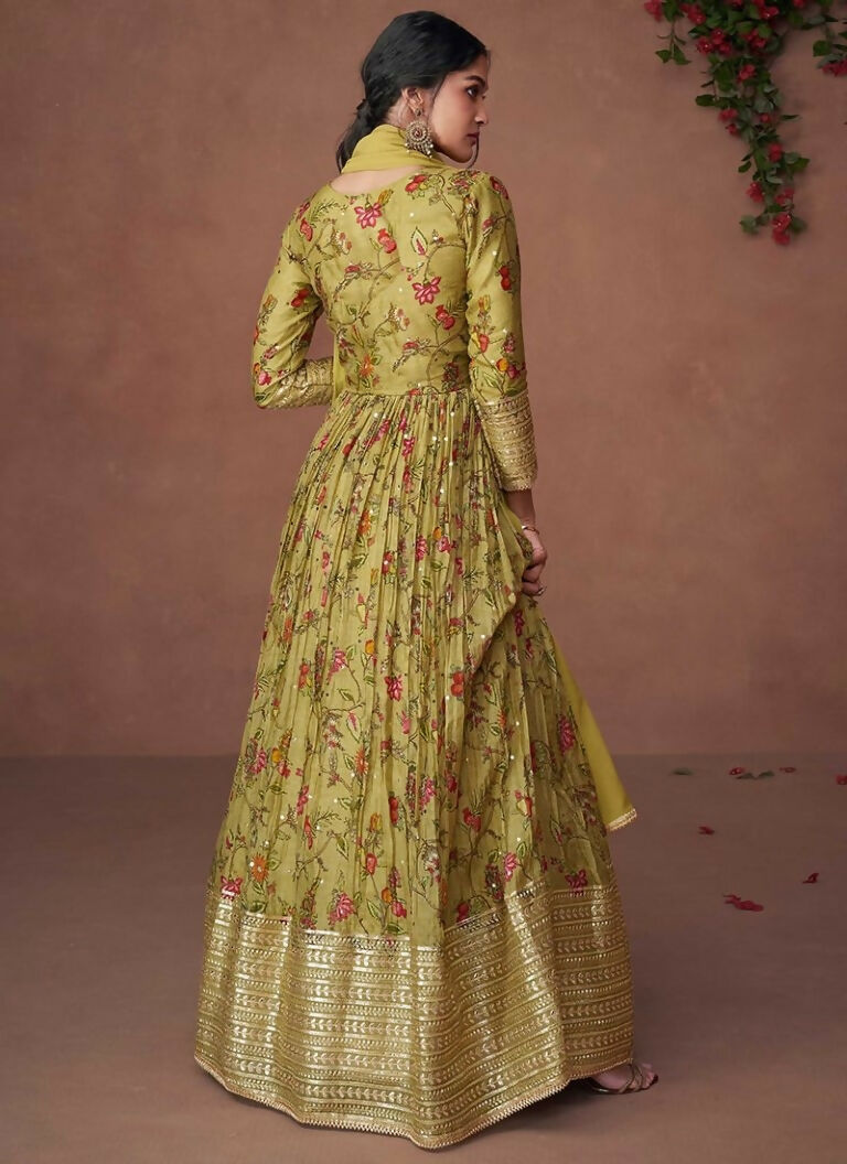Vastranavya Green Floral Printed Anarkali Suit Set with Foil Mirror Work