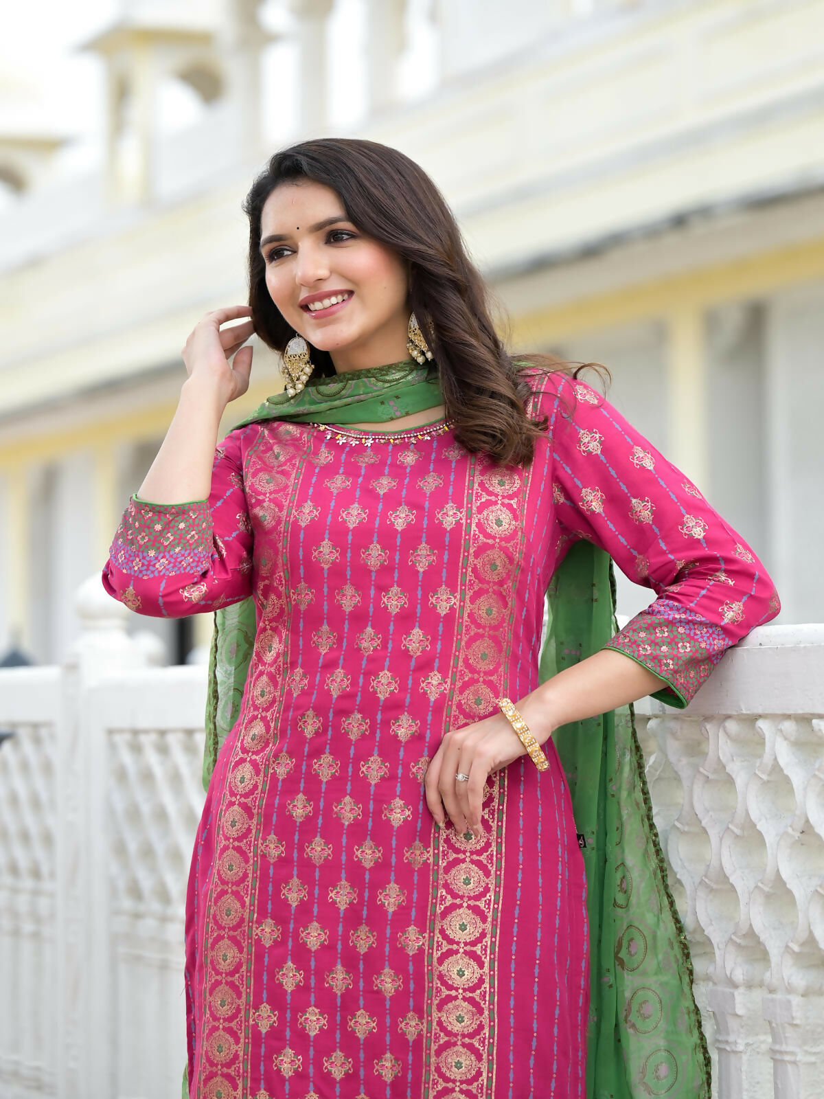 Juniper Women's Fuchsia Ethnic Motif Printed Muslin Kurta Pant With Dupatta Set With Beads & Sequins