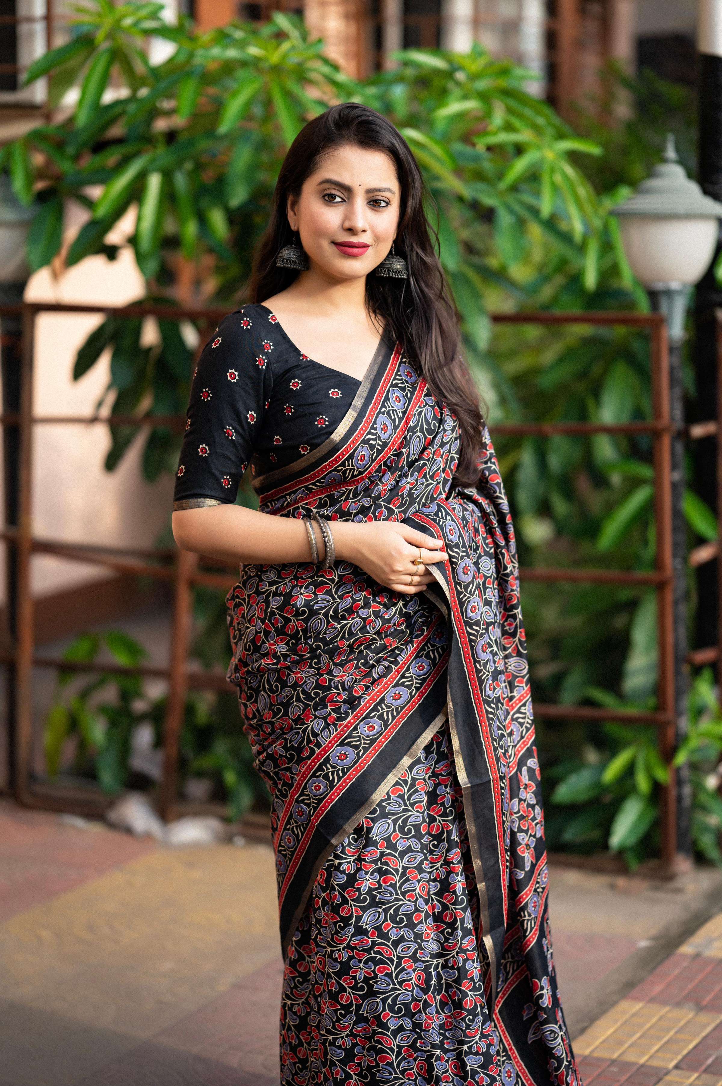 Black Cotton Blend Ajrak Saree with Unstitched Blouse - Hiral Fashion