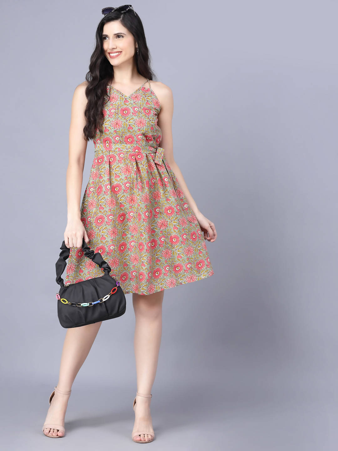 Myshka Cotton Printed Sleeveless Shoulder Straps Multicolor Women Dress