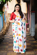 White Poly Georgette Ethnic Motifs Saree with Unstitched Blouse - A2M