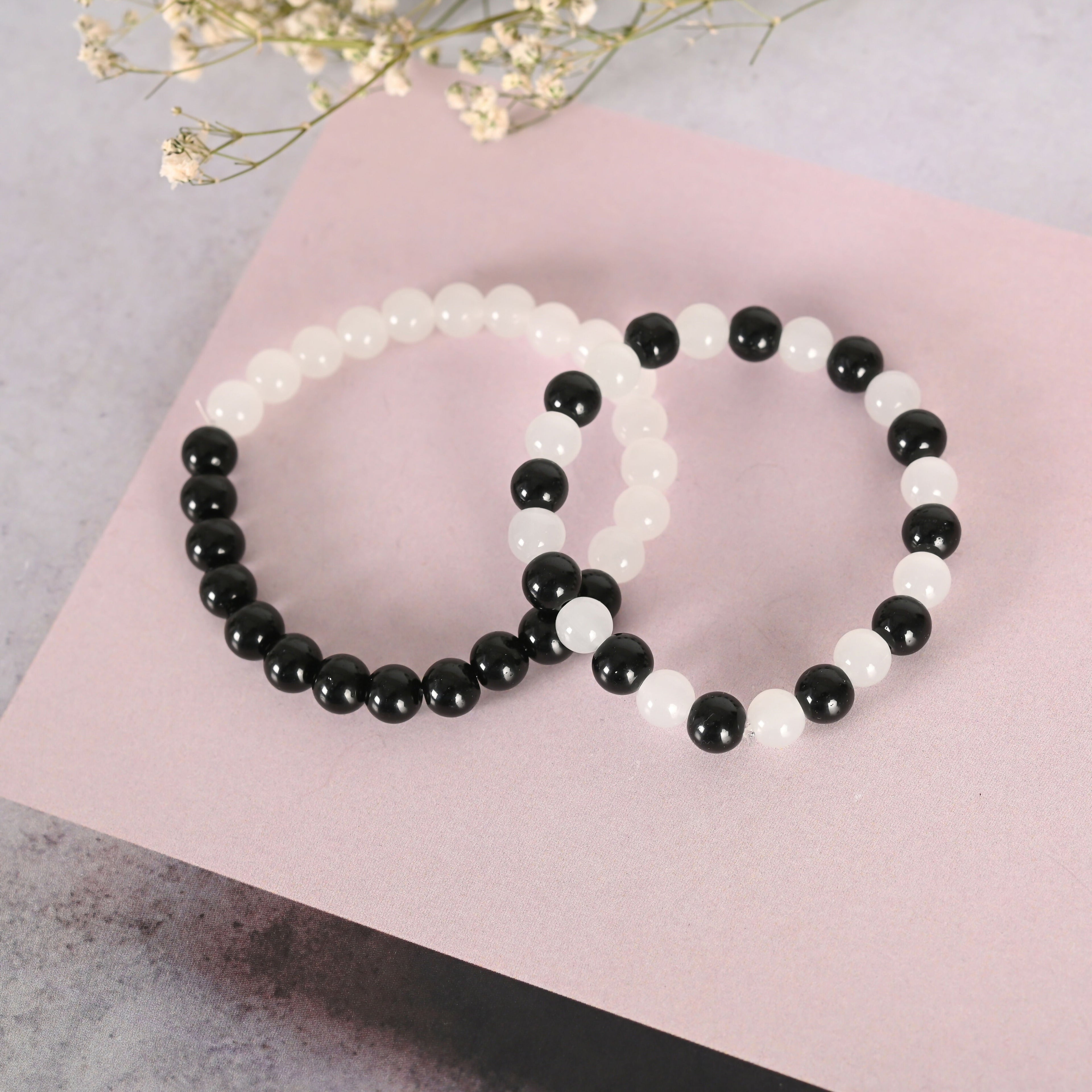 NVR Men & Women White & Black Marbel Crystal Elasticated Bracelet