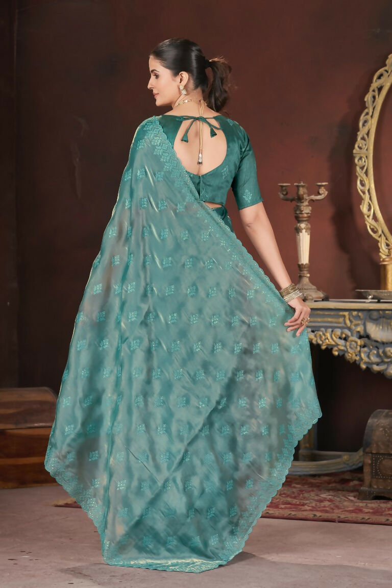 Vastranavya Teal Jimmy Choo Silk 3mm Sequence work with Cross Stitch Embroidery work & Cutwork Border Saree