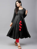 Women's Black Flared Kurti With Front Round Neck And Choli Cut With Dori And Tassels - G & A Apparels