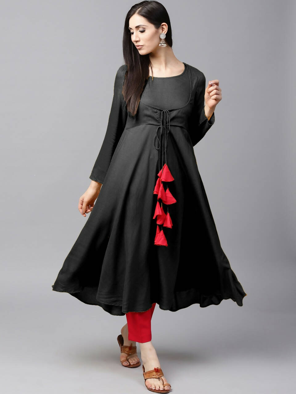 Women's Black Flared Kurti With Front Round Neck And Choli Cut With Dori And Tassels - G & A Apparels